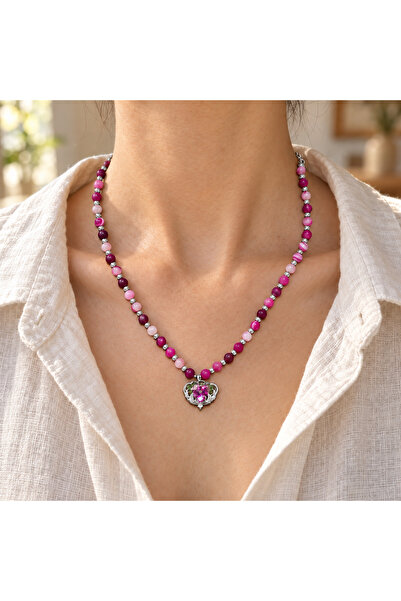 Pembe Akik Taşlı Kalp Kolye Uçlu El Yapımı Boho Kolye