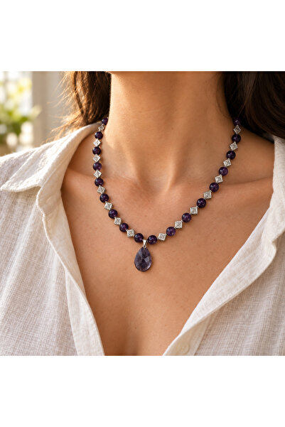 Ametist Taşlı Damla Kolye Uçlu El Yapımı Boho Kolye