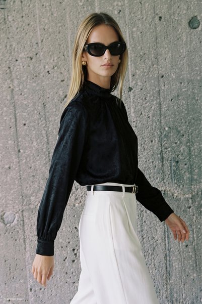 Sateen Long Sleeve Blouse - Black