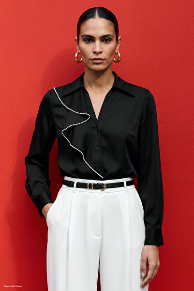 Sateen Shirt with Ruffles and Accessory Detail - Black