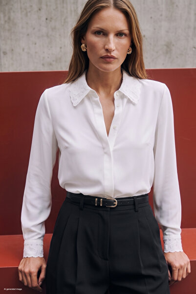 Sateen Klassisches Hemd mit Spitzendetails - Ecru