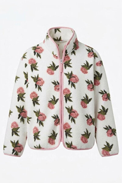 MAGARDE PREMİUM ÇİÇEK DESENLİ FERMUARLI POLAR HIRKA- PEMBE