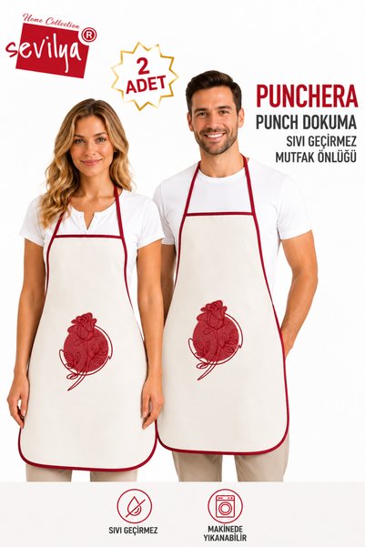 sevilya Punchera 2li Paket Punch Nakışlı Sıvı Su Geçirmez Mutfak Önlüğü