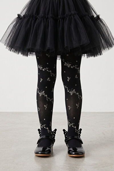 Le Mabelle Schwarze Mädchenstrumpfhose mit Schmetterlings- und Blumenmuster