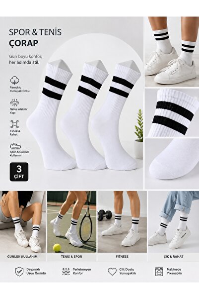 bglife Tennis Socks 3-Piece Striped White Unisex Socket Socks