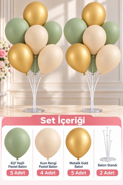 Parti dolabı 2 Adet 7'li Balon Standı Ve 14 Adet Küf Yeşili-kum Rengi- Gold M...
