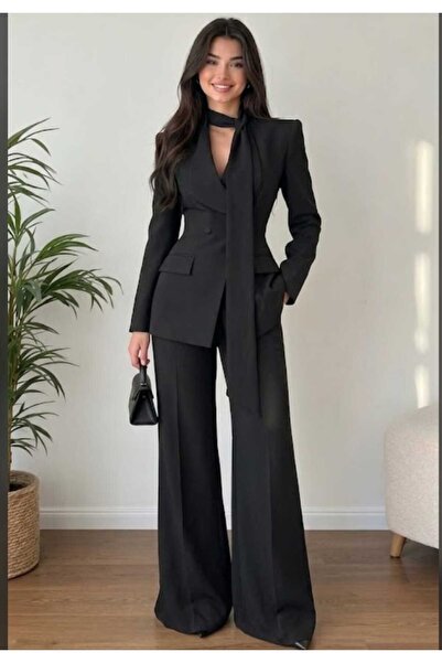 Genel Markalar Eyza Fashion Boyundan Bağlamalı Premium Siyah Kruvaze Ceket Ta...