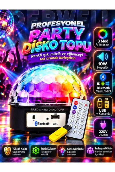 Derwell Parti Eğlence İçin Renkli Işık Bluetoth Hoparlör Usb/Bluetooth Sihirl...