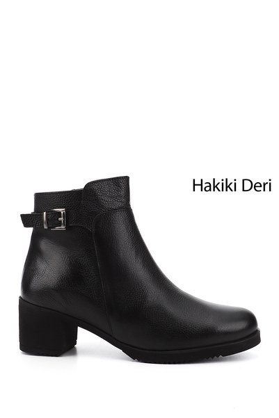GÖNDERİ(R) Women's Black Floater Zippered Thick Heeled Genuine Leather Boots
