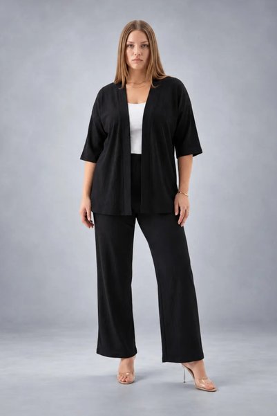 Talvien Plus Size Kimono Cardigan 2-Piece Set – Wrinkled Fabric Oversized Sty...