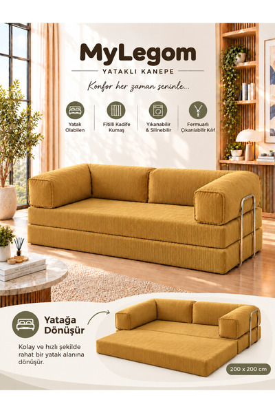 Ravessi 100x200 Kanepe-Fitilli Kadife Yıkanabilir Yer Yatağı- Çok Amaçlı Akti...