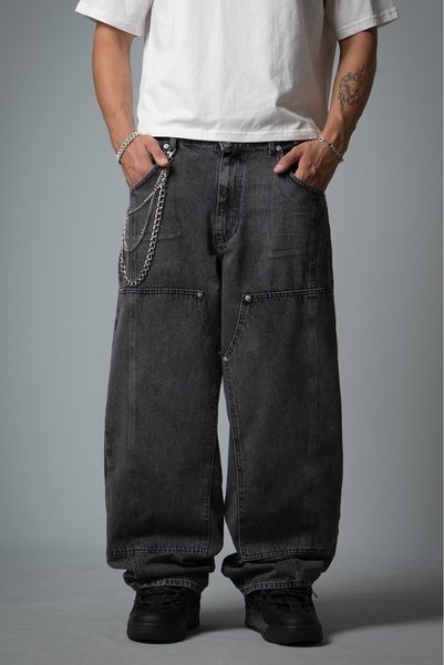 GRJ denim Ανδρικό τζιν παντελόνι Urban Chaos σε γκρι απόχρωση, με φαρδιά μπατ...