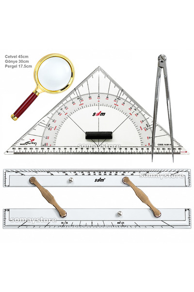 SomayStore Tekne Navigasyon Kiti, 4'lü Set Cetvel - Gönye - Kromaj Kör Pergel - Sarı Büyüteçli