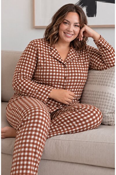 rindahomewear طقم بيجامة نسائي فاخر من جلد الغزال بأزرار ونقشة منقوشة وأكمام طويلة ومقاس كبير