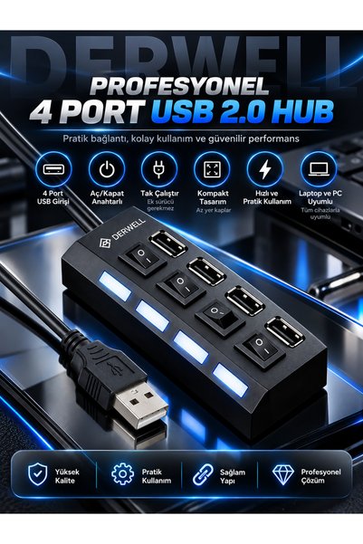 Derwell Yeni 2023 4 Port Usb Çoklayıcı Hub Anahtarlı Aç/kapa Düğmeli Işıklı U...