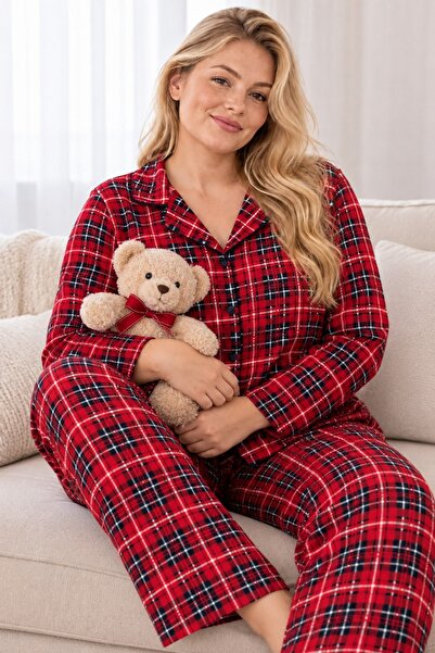 rindahomewear Luxury Suede Buttoned Plaid Patterned Long Sleeve Plus Size Wom...