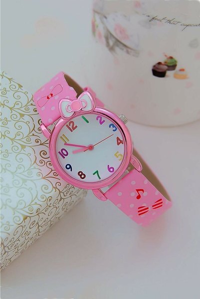 Korikom Pink Girl's Wristwatch That Makes Time Fun Learning| Polka Dot and Ribbon| Analog