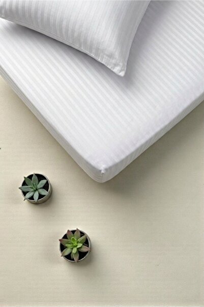 VESSİNOHOME Platinum Series Cotton Satin Fitted Sheet Set Striped Double Whit...