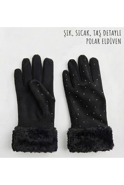 Modalight Women'S, Black Stone Detailed, Plush Ankle, Fleece Gloves