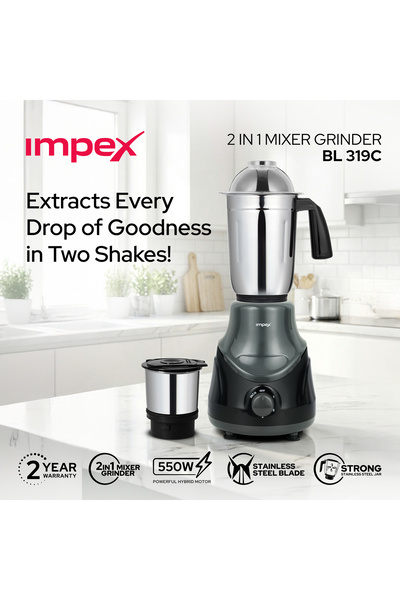 IMPEX 2 in 1 Mixer Grinder 550W, Stainless Steel Mixer with 1.4L Liquidiser J...