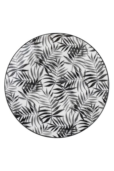 OEM Farfurie întinsă din porțelan ecru, cu frunze tropicale negre, Ø19 cm