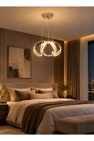 best power ثريا علاقي مودرن LED بتصميم فضي هندسي مع كرة كريستالية و3 إضاءات -...