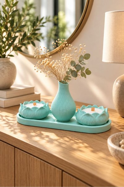 CMB Dekoratif 4'lü Tepsili Mumluk Seti + 2 Adet Mum / Taş Tozu Dekorasyonu