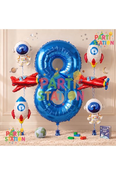 Parti Station Navy Blue Color Number Balloon Space Concept 8 Years Birthday B...