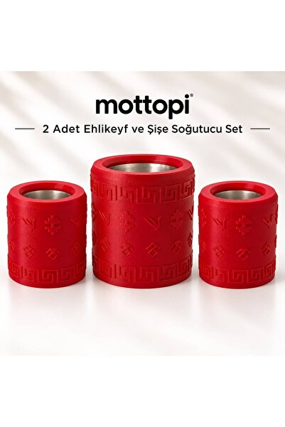 Mottopi Ehlikeyf Şişe Soğutucu ve 2 Adet Tek Kadeh Bardak Soğutucu-KIRMIZI