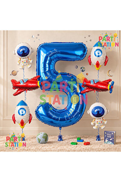 Parti Station Navy Blue Color Number Balloon Space Concept 5 Years Birthday B...