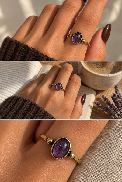 Leo'Stone Vintage Series Adjustable Rustproof Tarnish Free Straight Sleeve Ellipse Design Amethyst Natural Stone Bronze Ring