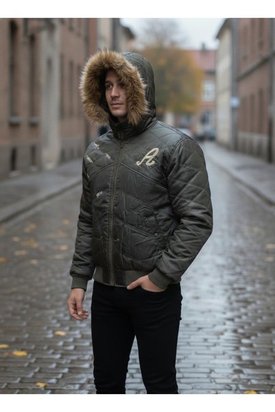 MILANO COLLECTION Geaca barbati, bomber matlasat cu gluga detasabila cu blana...