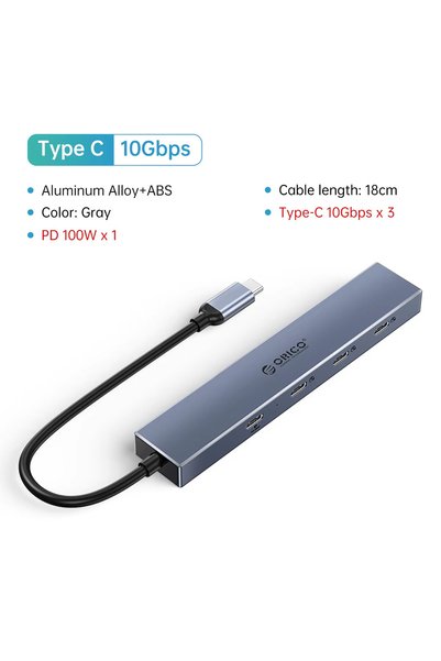 Choice موزع USB-C من نوع Orico PD باللون الرمادي، بسيط، يدعم USB 3.2 بسرعة 10...