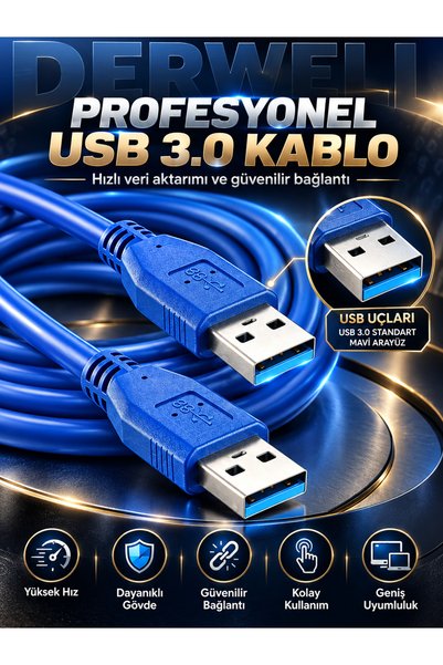 Derwell 0.50cm Usb 3.0 Erkek Erkek Usb Kablo 50 Cm Usb 3.0 A Tipi Erkek Usb U...