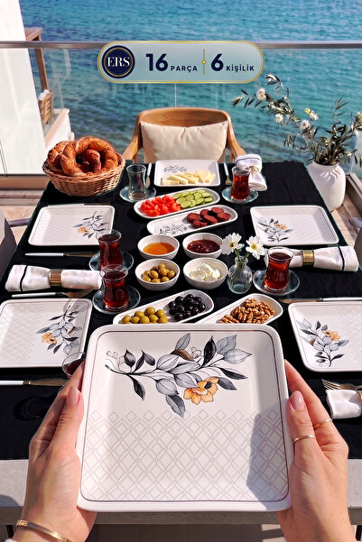ers erbaşlar Time Nature 16 Parça 6 Kişilik Lüx Kare Kahvaltı Takımı, Kahvalt...