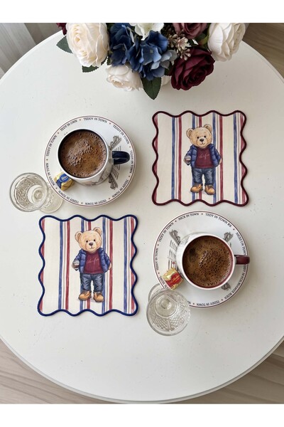 decofav Бродирани коктейлни салфетки с райета и мечета, 2 броя