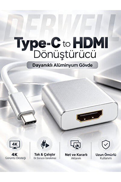 Derwell Type-C to HDMI Görüntü Ses Aktarıcı Dönüştürücü Adaptör | Telefon Tab...
