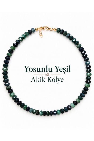 Cunda Doğal Taş Design Yosunlu Yeşil Akik Doğal Taş Kolye Elmas Rondela Kesim