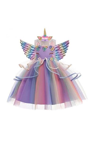 SOLLUXE Rochie prințesă Unicorn pentru fetițe, cu aripi si bentiță, mov/multi...
