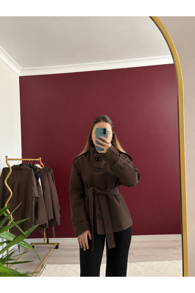 Dik Yaka Kahverengi Kısa Trençkot