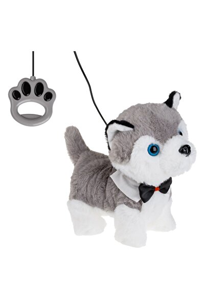 OEM Caine interactiv husky gri cu lesa 80cm miscare sunet baterii jucarie