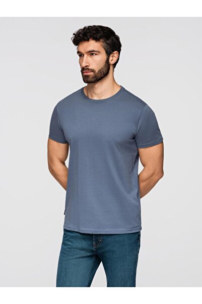 OMBRE Tricou clasic de bumbac BASIC pentru bărbați, albastru denim OM-TSBS-0236