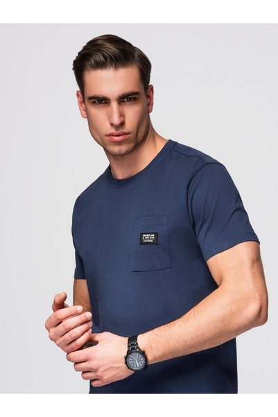 OMBRE Tricou casual bărbătesc cu buzunar aplicat, albastru marin OM-TSCT-0109