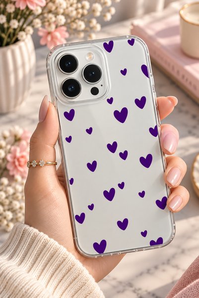 3GEN CASE iPhone 15 Pro Max Uyumlu Mor Kalpler Desenli Şeffaf Silikon Kılıf