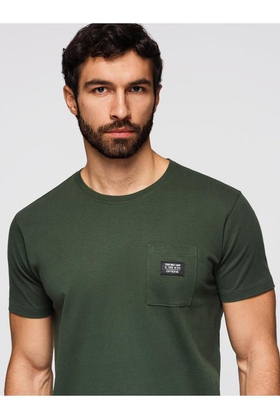 OMBRE Tricou casual bărbătesc cu aplicație pe buzunar, verde măsliniu închis ...