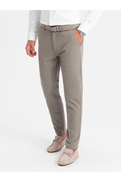 OMBRE Pantaloni chino clasici pentru bărbați, cu textură fină, bej închis OM-...