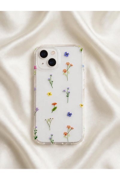 iPhone 15 Uyumlu Şeffaf Renkli Minik Çiçek Desenli Lansman Telefon Kılıfı Zarif ve Şık Tasarım