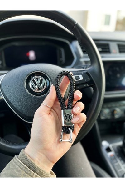 RoseTR Volkswagen Black Leather Braided Keychain - Vw Golf Polo Passat Tiguan Accessory