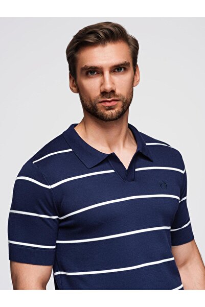 OMBRE Tricou polo bărbătesc cu dungi orizontale, cu viscoză, albastru marin ș...