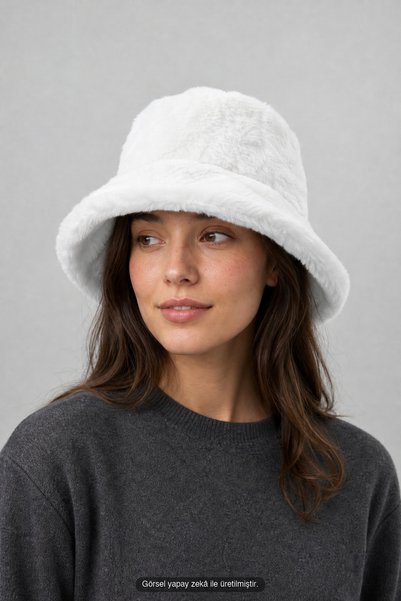 OnMyHead Kadın Beyaz Peluş Balıkçı Şapka